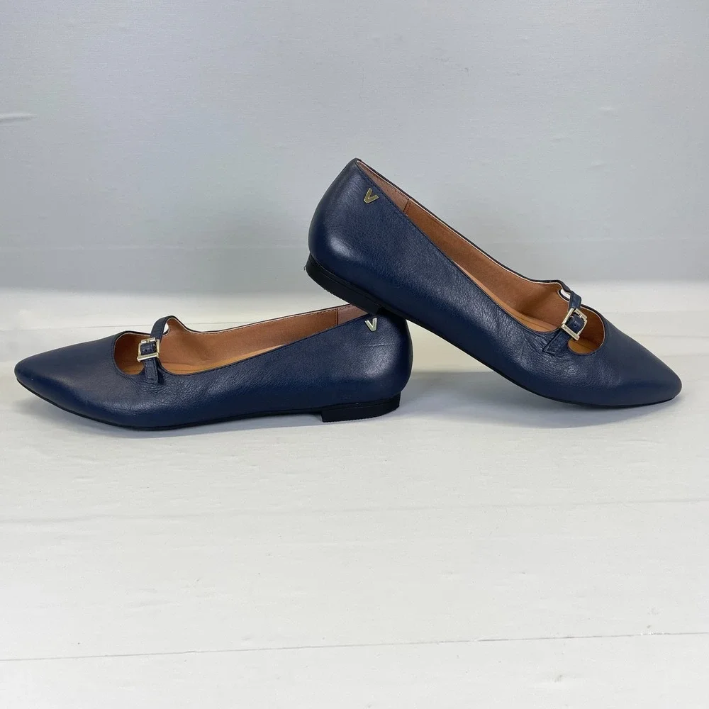 Vionic Delilah Mary Jane Shoes Womens Size 9.5 Navy Blue Buckle Strap Flats